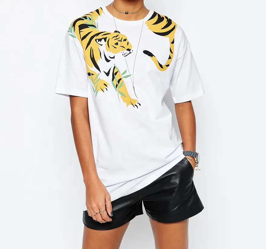 Neue Mode fallen Schulter nähte Rundhals ausschnitt Frauen übergroße Passform T-Shirt mit Tiger Print Soft Touch Baumwoll stoff