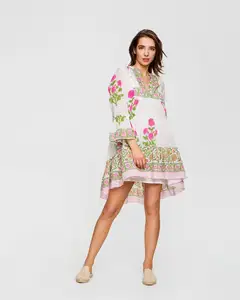 新款夏季系列2021时尚印花女束腰连衣裙，清新色彩色调立领3/4宽袖