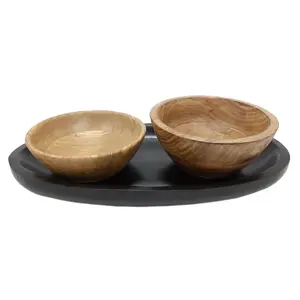 Atacado Cozinha Bandeja Oval De Madeira Preta Com 2 Natural Bowl Set Para Servir Comida Sopa Louça Artesanal