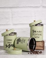 KSN — lot de 3 pots en verres verts pour le café, le thé et le sucre, avec motif imprimé pour aliments avec couvercle en bois
