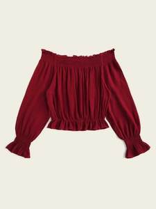 Chemisier à volants pour femme, haut à épaules dénudées, manches bouffantes en teinture unie, nouvelle collection - Product Image 2