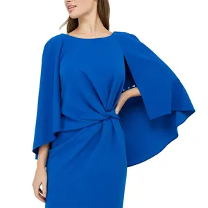 Elegant Design Women Formal Jewel Neck Knot Front Slit Hem Cape Maxi Dresses