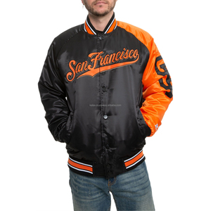 KVJ110 Custom Collarless Varsity Jacket Black Orange Satin Embroidered Eco-Friendly College High School Winter Fashion - Product Image 1