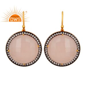 Nuevos Aretes de Moda Chapados en Oro de 18k, Joyería de Plata de Ley al por Mayor, Aretes Redondos con Calcedonia Rosa, Proveedor de Joyería - Product Image 1