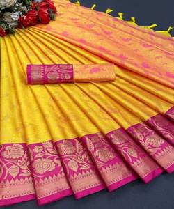 Sari en soie Banarasi Jacquard avec Blouse pour Femmes, Vêtement de Fête et de Festival, Soie de Coton Douce, Vente en Gros à Bas Prix, Design Ethnique Moderne - Product Image 1