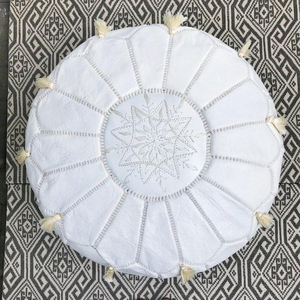 High Quality Home DecorWhite Moroccan <b>Leather</b> <b>Pouf</b> with Tassels & PompomsElegant and Amazing - Product Image 1