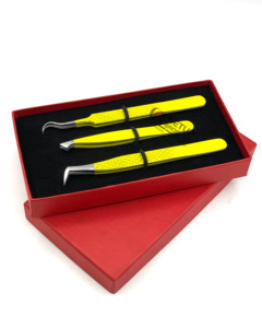 Las mejores pinzas de extensión de pestañas de acero inoxidable con revestimiento de polvo amarillo curvado doble, pinzas para cejas con volumen de arranque, herramienta de belleza - Product Image 3