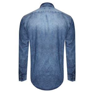 Camisa de manga larga de mezclilla para hombre, vestido elegante de marca Formal, ajustado, azul oscuro, informal, con solapa - Product Image 2
