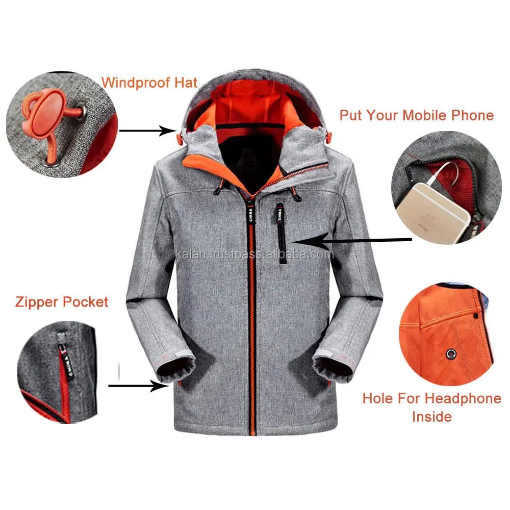 KISSJ7 Kalan Best Price Grey Color Softshell Orange Zip Men Soft Shell Jacket