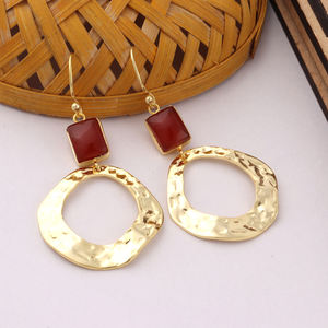 Bijoux de mode fins, boucles d'oreilles en cornaline naturelle avec breloque martelée, pendants suspendus, plaqué or, crochet goutte, bijoux - Product Image 3