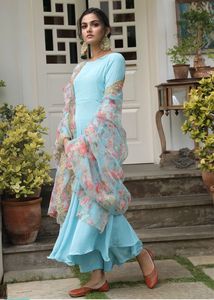 Indian <strong>Plain</strong> Sky Blue <strong>Colour</strong> Anarkali Dresses With Organza Embroidery Dupptta for Women Latest Low Price - Product Image 4