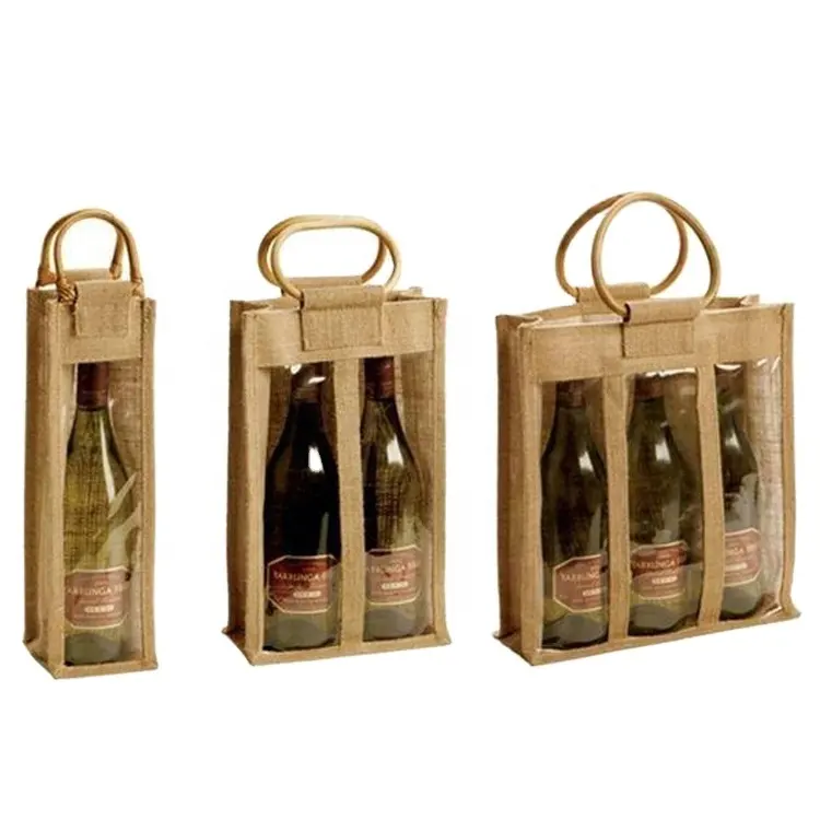 Standart ambalaj özel LOGO keten çevre dostu alışveriş hediye paketleme şarap jüt çanta pvc şeffaf pencere ile