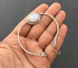 Venta al por mayor 92,5 plata esterlina 8 \ "pulsera larga Arco Iris Natural piedra lunar ovalado liso azul fuego piedra preciosa chapado en oro para regalo - Product Image 3