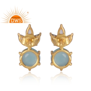 Handmade Yellow <b>Gold</b> Plated Studs Aqua Chalcedony Topaz Gemstone Prong <b>Set</b> Stud Earrings Silver Jewelry Supplier - Product Image 3