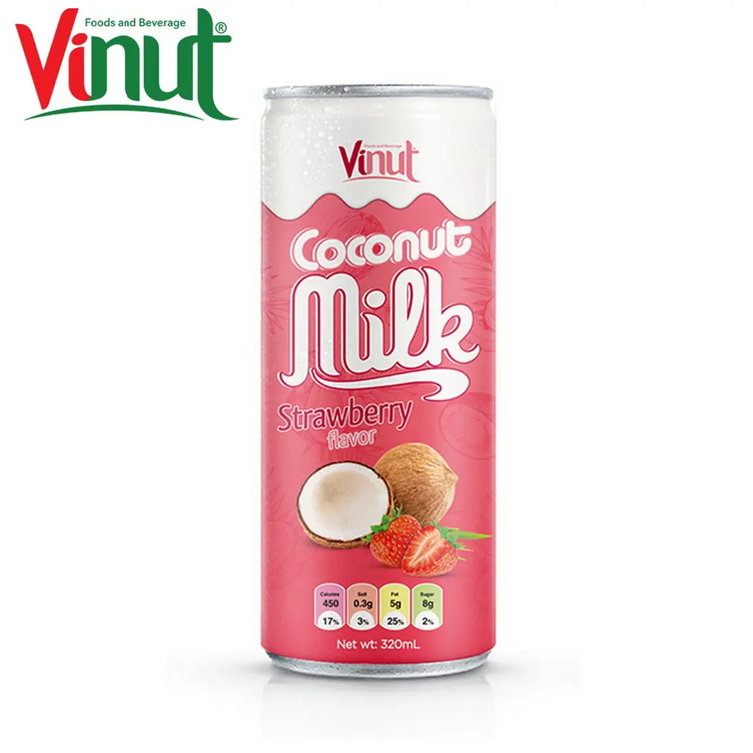 320ml VINUT कर सकते हैं (Tinned) स्ट्राबेरी स्वाद नारियल का दूध फैक्टरी अनुकूलित OEM निजी लेबल प्रीमियम हलाल प्रमाणित
