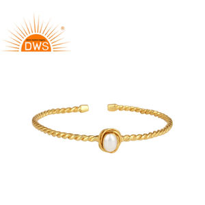 Wrapped Oval <b>Pearl</b> Gemstone Gold Plated 925 Silver Handmade Twisted Cuff <b>Bracelet</b> <b>For</b> <b>Women</b> Gift <b>For</b> Her - Product Image 1
