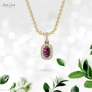 Mặt Dây Chuyền Hình Bầu Dục Vàng Trắng 14K Rhodolite Garnet Và Kim Cương Chính Hãng Dành Cho Người Bán Sỉ Trang Sức Được Chứng Nhận Từ Ấn Độ