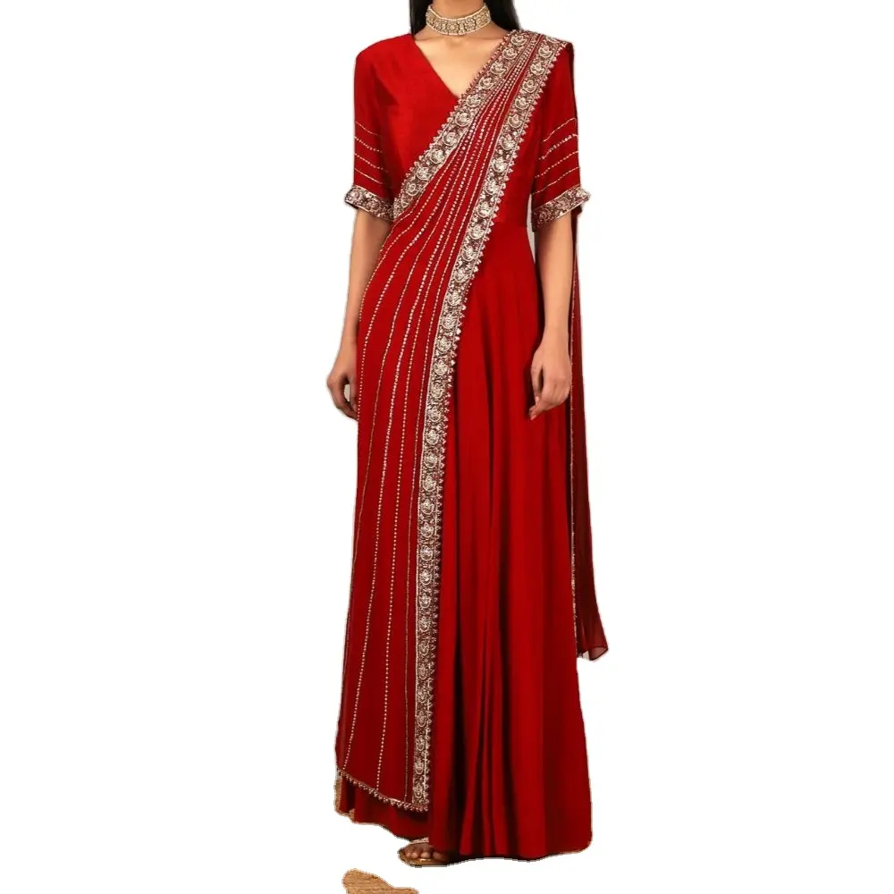 Anarkali-cortina roja con piedras de perlas Nalki y lentejuelas bordadas a mano para mujer, espejo de mano de diseño Anarkali 2021