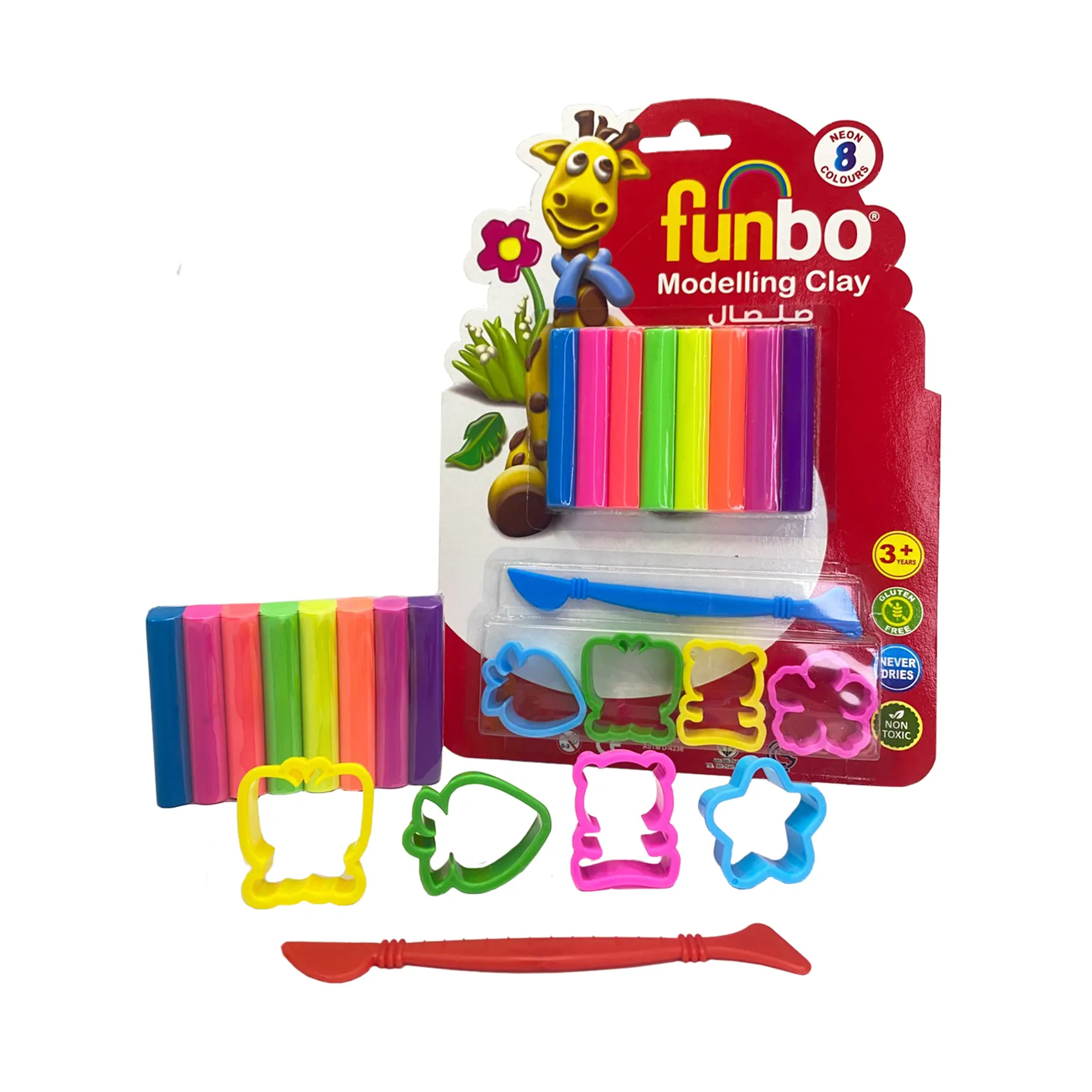 آمنة للأطفال من Funbo, آمنة للأطفال من الطين النمذجة 100 جرام في 8 ألوان النيون مع 3 قوالب و جهاز تشذيب غير سامة خالية من الجلوتين