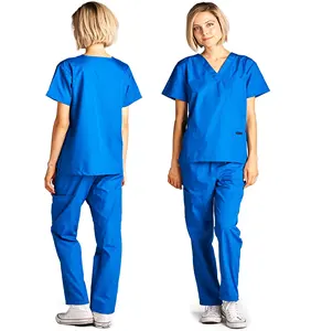 2022新款亚马逊产品医院护士制服上衣 & 裤装2件货物口袋v颈护理医疗磨砂男女