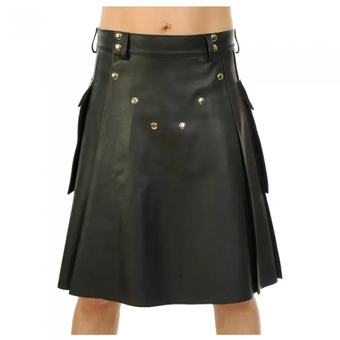 Men's Hot Sale Scottish Holiday Skirt Men's Plaid Pleated Skirt Fashion with Color Contrasting Leather