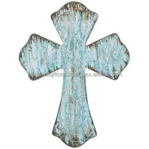 Rustiek Turquoise Metalen Wandkruis Met Witte Poedercoating Afwerking In Reliëf Wervelingen Ontwerp Voor De Groothandelsprijs Van De Kerk