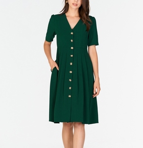 Vestido Formal de Verano Verde con Cuello en V, 100% Lino Crepé, a la Moda, Sexy, Largo hasta la Rodilla, con Botones, Talla XL - Product Image 3