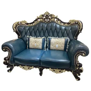 King Throne Elegant Faux Blue Leather Hand Carved Golden French Style European style Classic Living Room furniture 3 1 1 Luxury