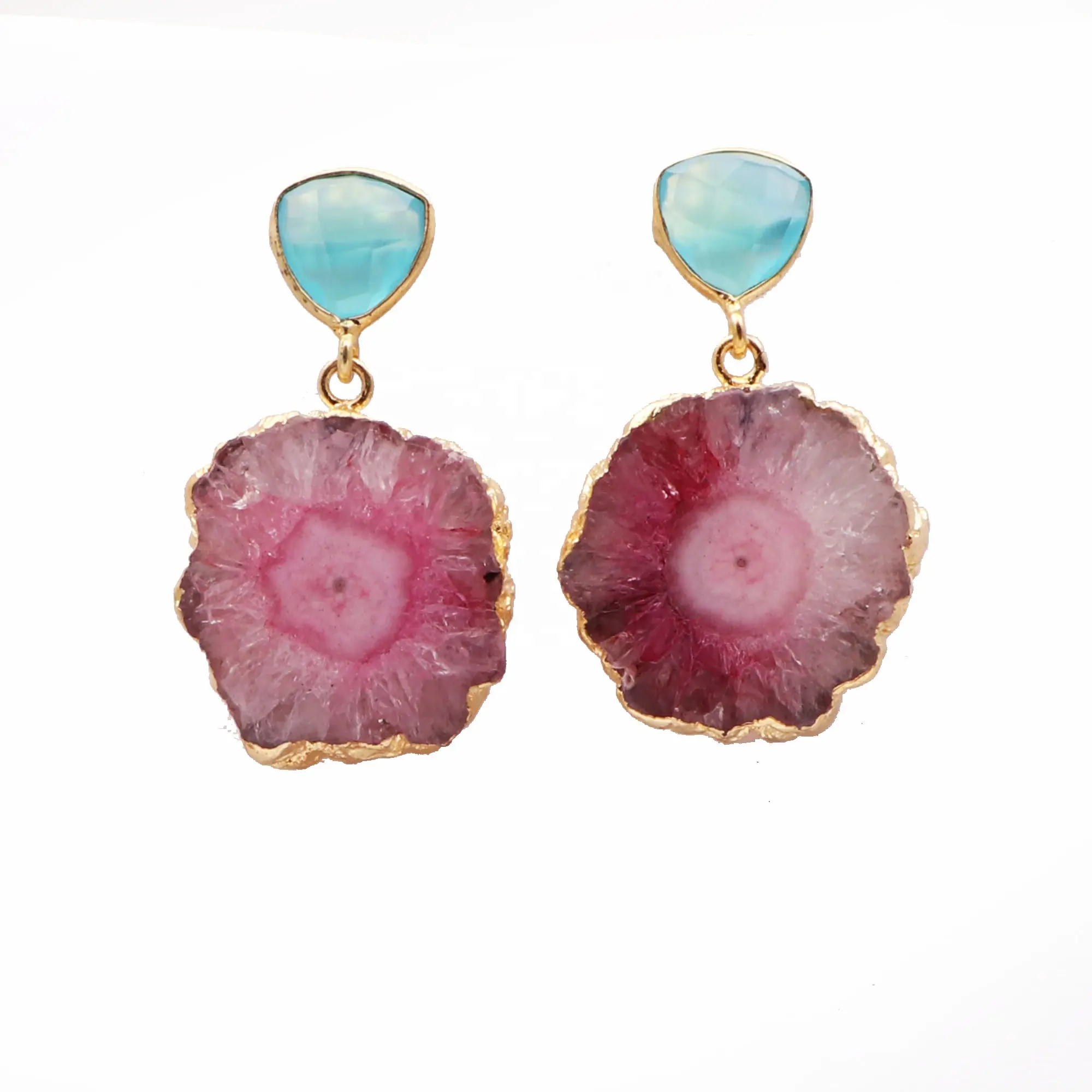 Gold plated earrings jewelry natural blue topaz & solar quartz gemstone handmade jewelry earring double stone earrings