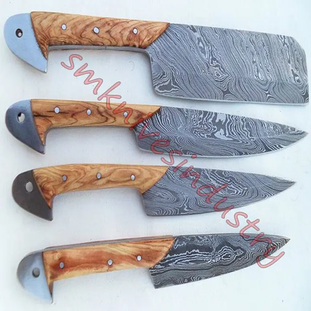 Hand Made Damascus 4 pieces Chef knives Full Tang set with leather kit (Smk1550)