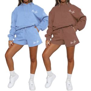 Conjunto de dos piezas con capucha y pantalones cortos de mujer a la moda con logotipo personalizado para ropa de niña - Product Image 4