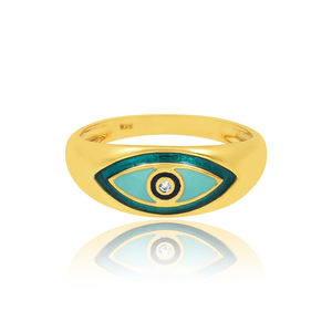 Anillo de Plata de Ley 925 Chapado en Oro con Diseño Atractivo, Zirconia Blanca, Ojo Turco y Esmalte Verde, Fabricación al por Mayor - Product Image 2