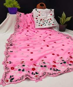 Sari en soie brodé de créateur, conçu sur mesure pour les fêtes, avec pièce de chemisier, bordure en dentelle de soie douce, tenue de mariage, dernière collection de vêtements pour femmes - Product Image 3