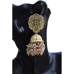 Meenakari ชุดปาร์ตี้แฮนด์เมดสำหรับผู้หญิงและหญิง,ตุ้มหูห่วง Jhumka แบบยาวทำจากทองเหลืองผิวด้านสีทองแบบดั้งเดิม - Product Image 1