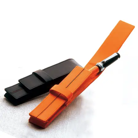 Buy Best Quality Real Leather Pen Case in Orange & Black Color with Provision To Hold 1 Pen & With Loose Leaf Closure