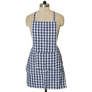Blue Color Checked <b>kitchen</b> <b>apron</b> for adult 100% Organic Cotton GOTS Certified - Product Image 1