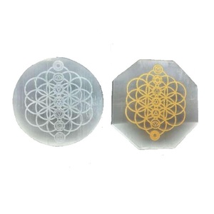 Stone Selenite จานรองแก้วสัญลักษณ์จักระทั้งเจ็ด,แผ่นดิสก์แกะสลักที่รองแก้วคริสตัลทรงกลมและหกเหลี่ยมสำหรับวางเครื่องดื่มพร้อมแท่นวางกาแฟ - Product Image 1