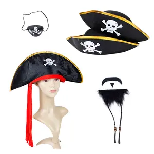 Cheap promotion Halloween Skull Party Hat Polyester Material Printed Skeleton Hats Fabric Captain Morgan Pirate Hats