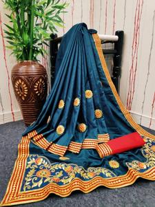 Sari en tissu de soie Dola avec travail à la main Gota Patti et travail au fil et bordure en dentelle lourde pour mariage et occasions spéciales - Product Image 2