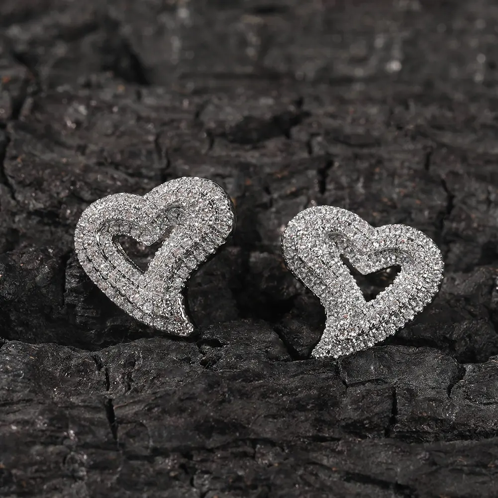 Women Fashion CZ Bling Iced Cubic Zirconia Silver Jewelry Gold Plated Diamond Heart Stud Earrings