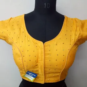 Formele Slijtage Designer Gele Kleur Zware Geborduurde Sari Blouses Voor Vrouwen Katoen Zijde Half Mouw Indische Kleding Regular Fit