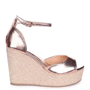 Mulheres Handmade Bonito Salto De Cunha Alta Rose Gold Alpercatas Com Peep Toe Sandálias Sapatos Senhoras Tornozelo Strap Calçado Sapatos