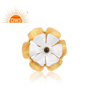 Bague en pierre précieuse d'onyx noir, bijoux de déclaration, Design floral, en argent fin, plaqué or, fabrication de bijoux - Product Image 2