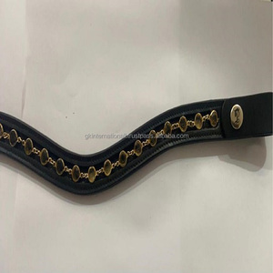 Banda de ceja de caballo de cuero de canal vacío en forma de onda de alta calidad en cuero genuino negro con Bling dorado y cadena de diamantes - Product Image 3