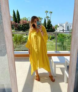 Robe en lin pour femme, tendance, à la mode, dernière collection, 100% lin, crêpe, col en V, manches 3/4, longueur au sol, formelle, unie - Product Image 1