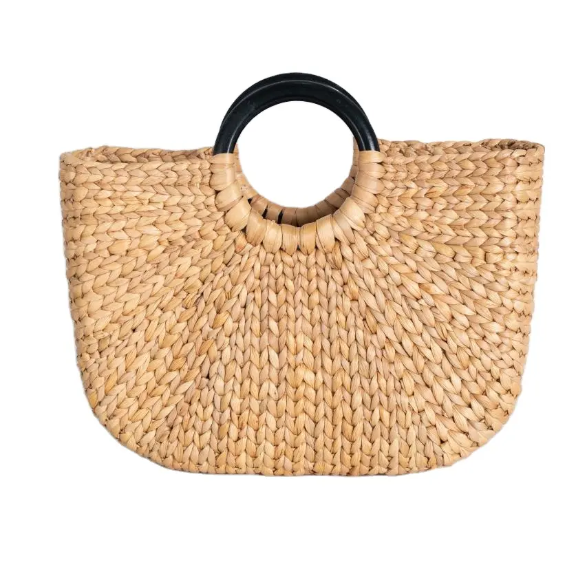 Eco-friendly large straw beach bags black handle straw handbag fashionable for lady and women