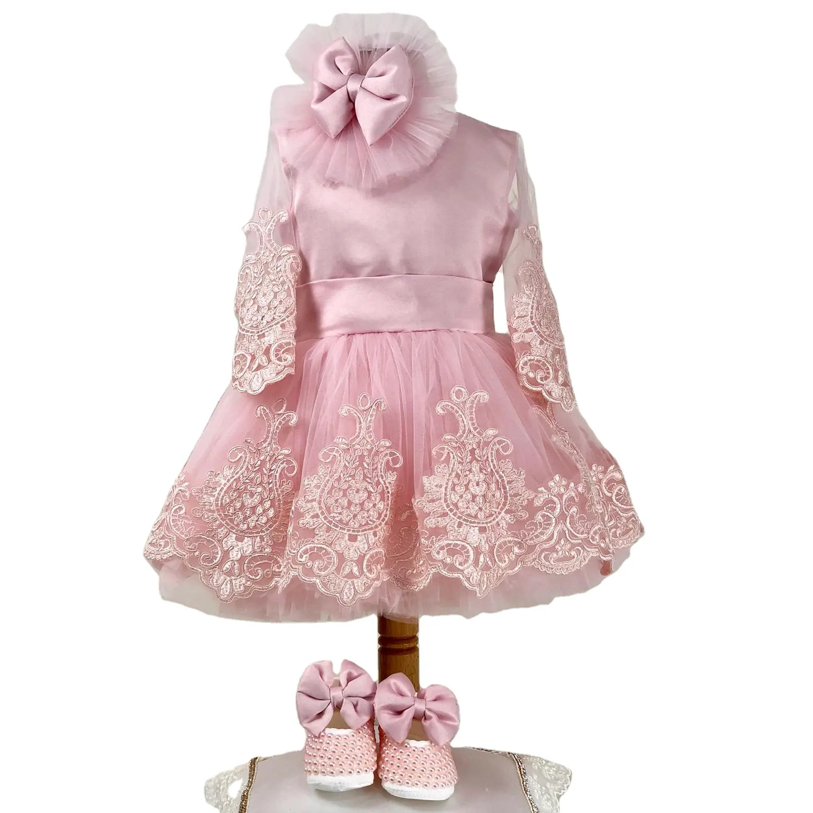 Pink Lacy Dress Girl Party Wear, 1-10 Year Birthday Dress Long Sleeves With Shoes and Hair Band