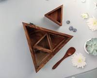 Boîte à épices triangulaire en bois, 4 compartiments, faite à la main avec du verre, en bois de Sheesham, design vintage, cadeau artisanal