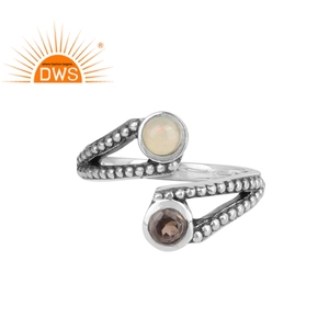 Natural Ethiopian <b>Opal</b> & Smoky Quartz Gemstone Statement <b>Ring</b> Jewelry Entwined oxidized <b>Silver</b> <b>Ring</b> Jewelry Wholesaler - Product Image 1