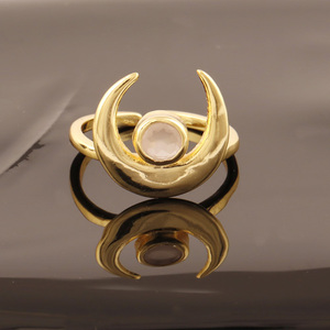 New design dainty pink chalcedony gemstone <b>ring</b> half crescent shape brass gold plated tiny <b>adjustable</b> woman wear designer <b>ring</b> - Product Image 3